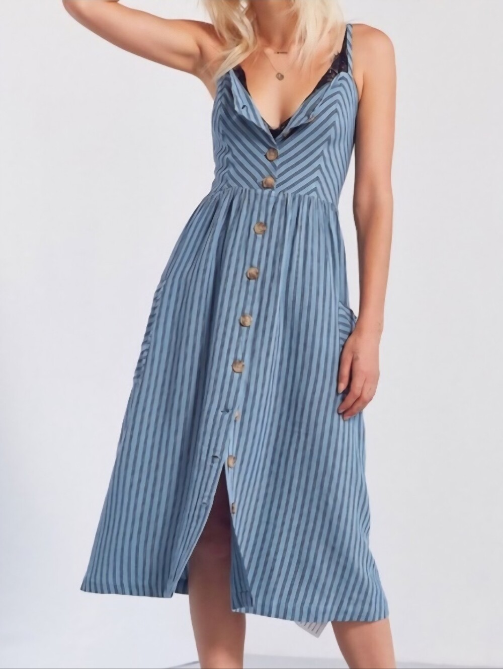 UO Cooperative Emilia Button Down Blue Striped A-Line Midi Dress Women's Small S